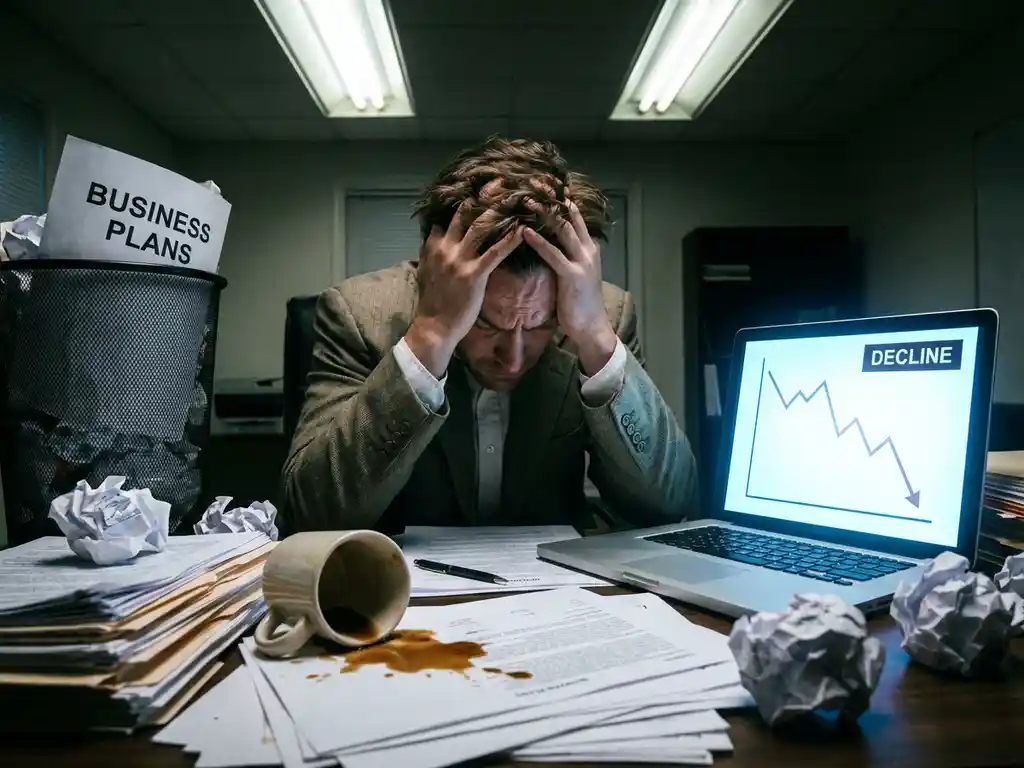 Frustrated entrepreneur holding head in hands at cluttered desk with laptop showing declining business charts and spilled coffee