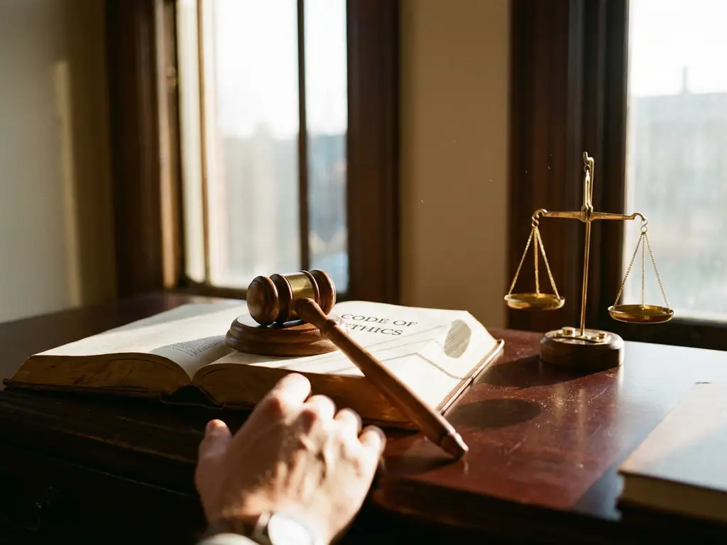 Wooden gavel on open ethics handbook beside golden scales of justice on mahogany desk with sunlight streaming through windows