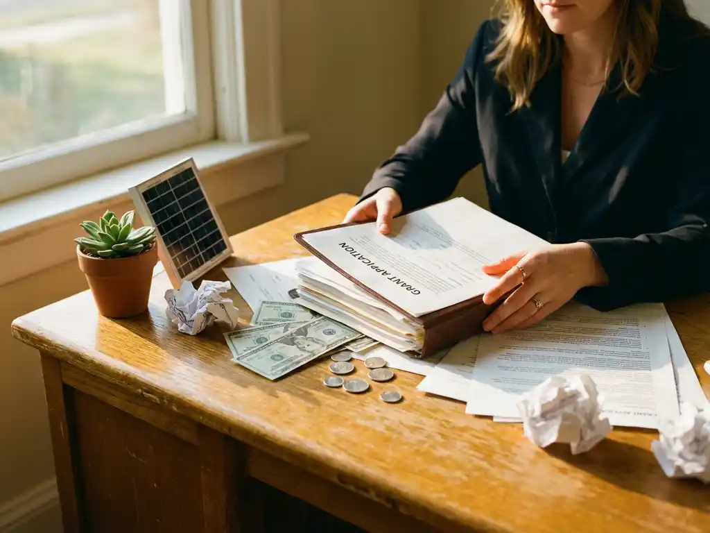 Businesswoman's hands holding grant application documents with cash, succulent plant, and solar panel model on wooden desk
