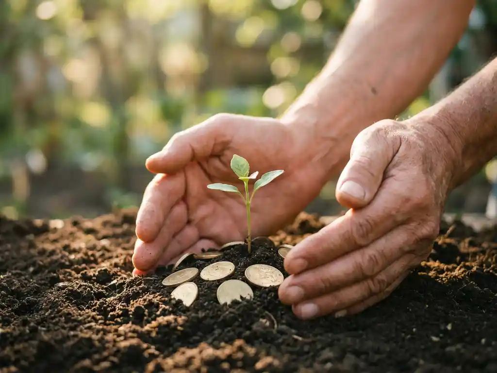 Hands cupping green seedling growing from soil with golden coins scattered around base in warm sunlight