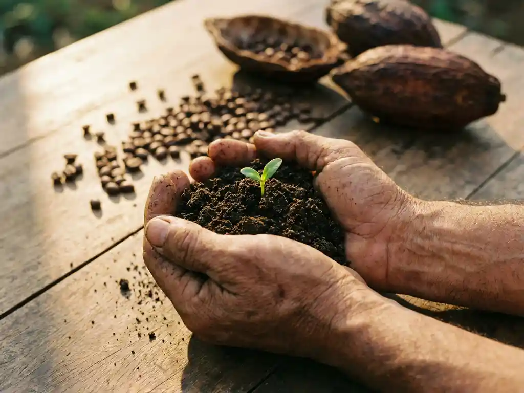 Weathered hands cupping dark soil with green seedling sprouting, coffee beans and cocoa pods on wooden surface in sunlight