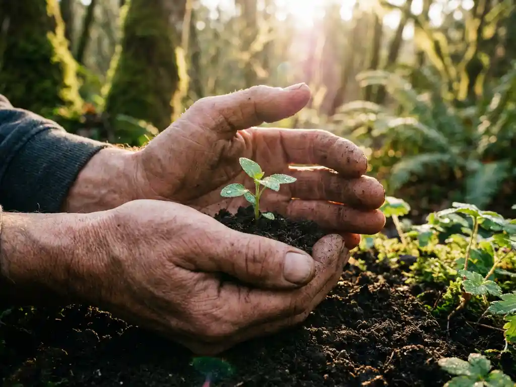Weathered hands gently cupping a small green seedling in rich soil with golden sunlight and forest background.