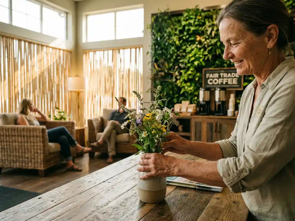Hotel concierge arranging fresh flowers in eco-friendly lobby with bamboo furniture, green walls, and natural lighting.