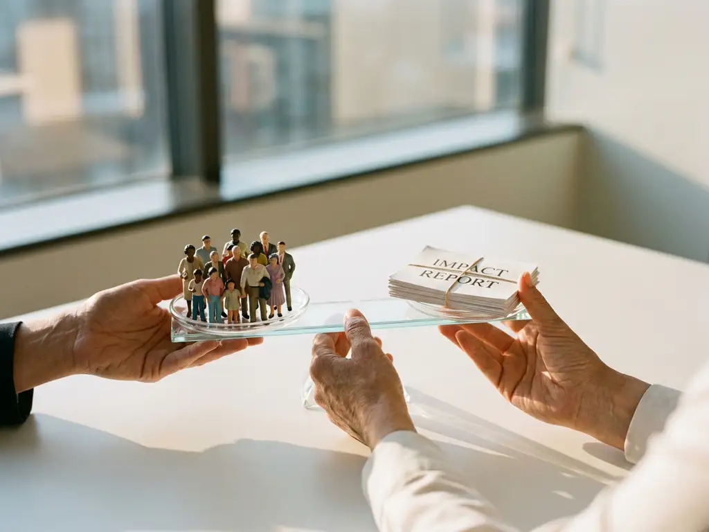 Professional businesswoman holding glass scale balancing diverse community figures with impact reports on office desk