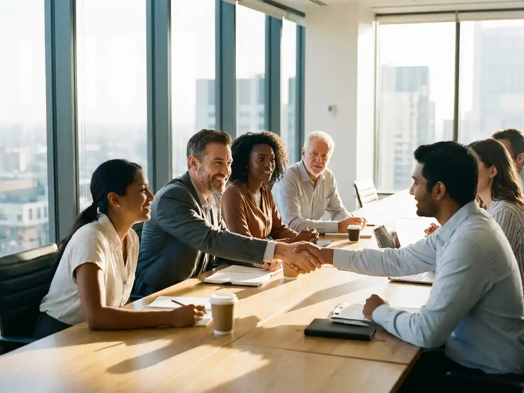 Diverse professionals in job interview around modern conference table with handshakes and smiles in bright office