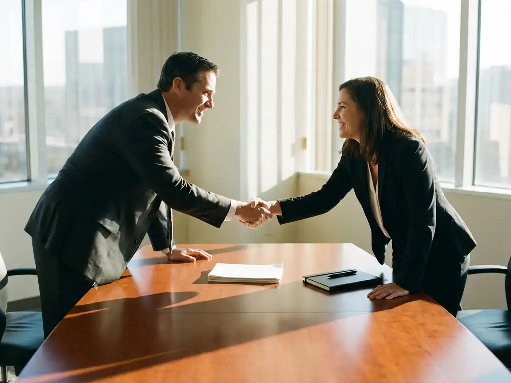 Professional interviewer and job candidate shaking hands across conference table with resumes and notepad in bright office