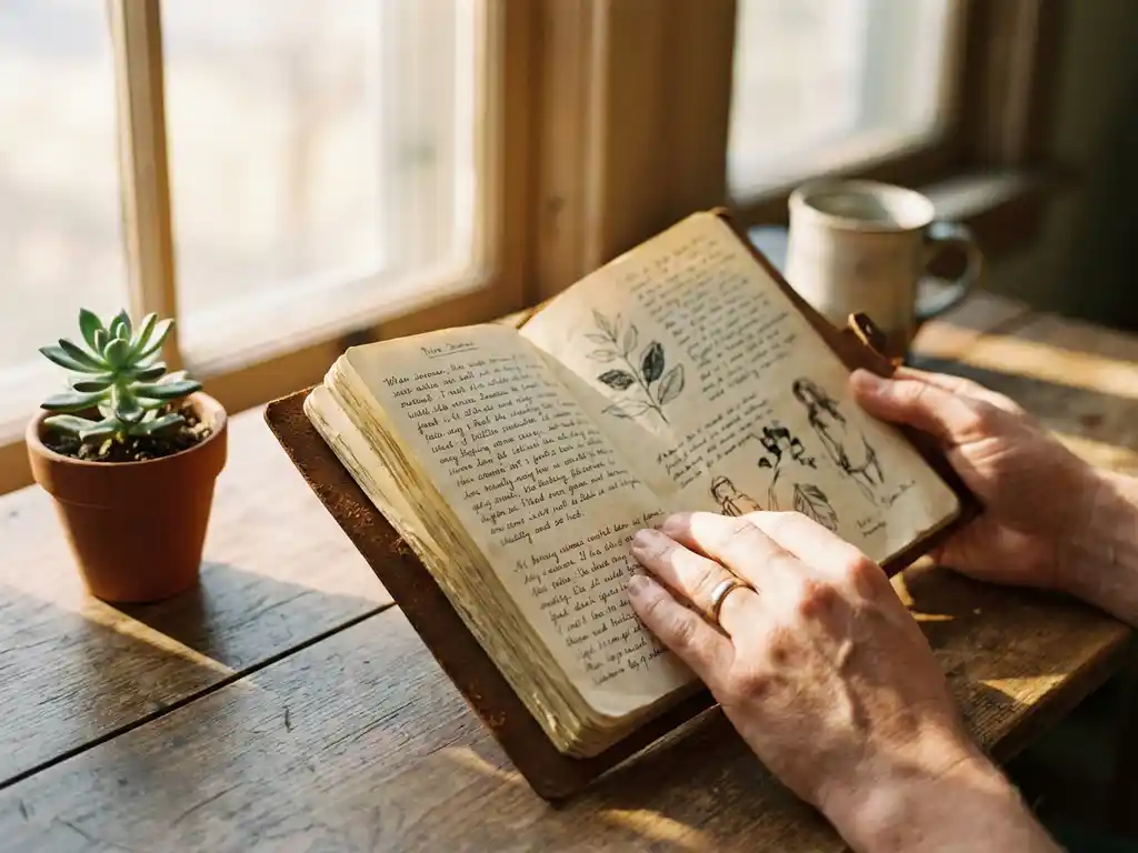 Hands holding open leather journal with handwritten notes on wooden table beside small potted plant in warm morning light