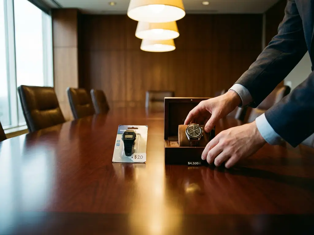 Business hands reaching for expensive product over budget alternative on mahogany boardroom table in conference room