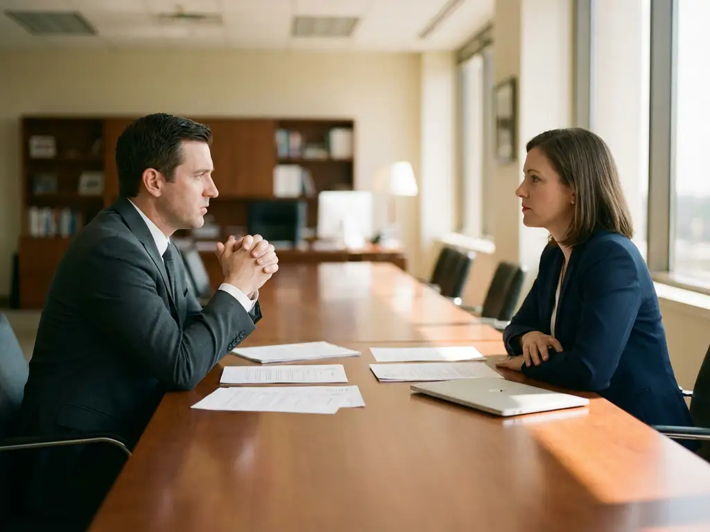 Manager and employee in serious one-on-one meeting at conference table with papers and laptop in professional office setting.