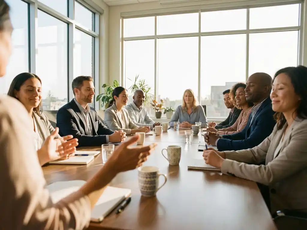 Diverse professionals engaged in mindfulness workshop around wooden conference table in bright modern office