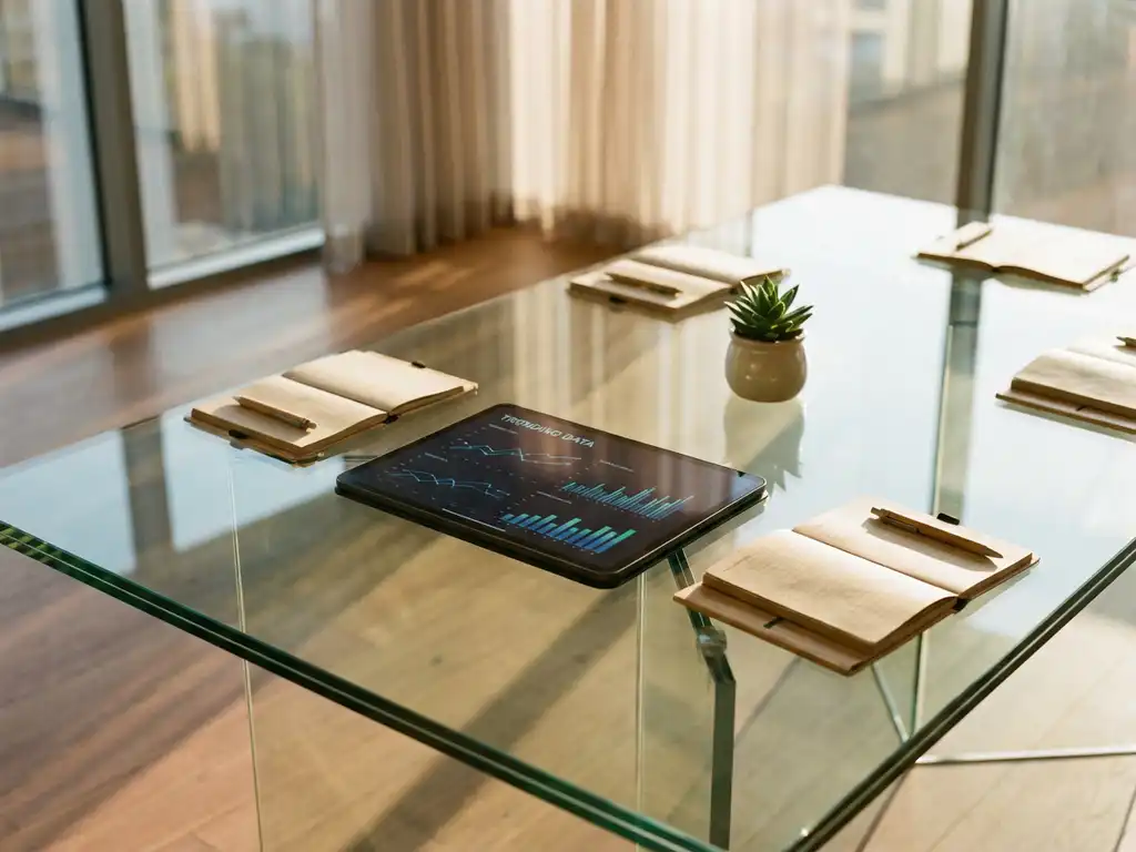 Modern glass conference table with tablet showing data charts, bamboo notebooks, and plant in sunlit boardroom