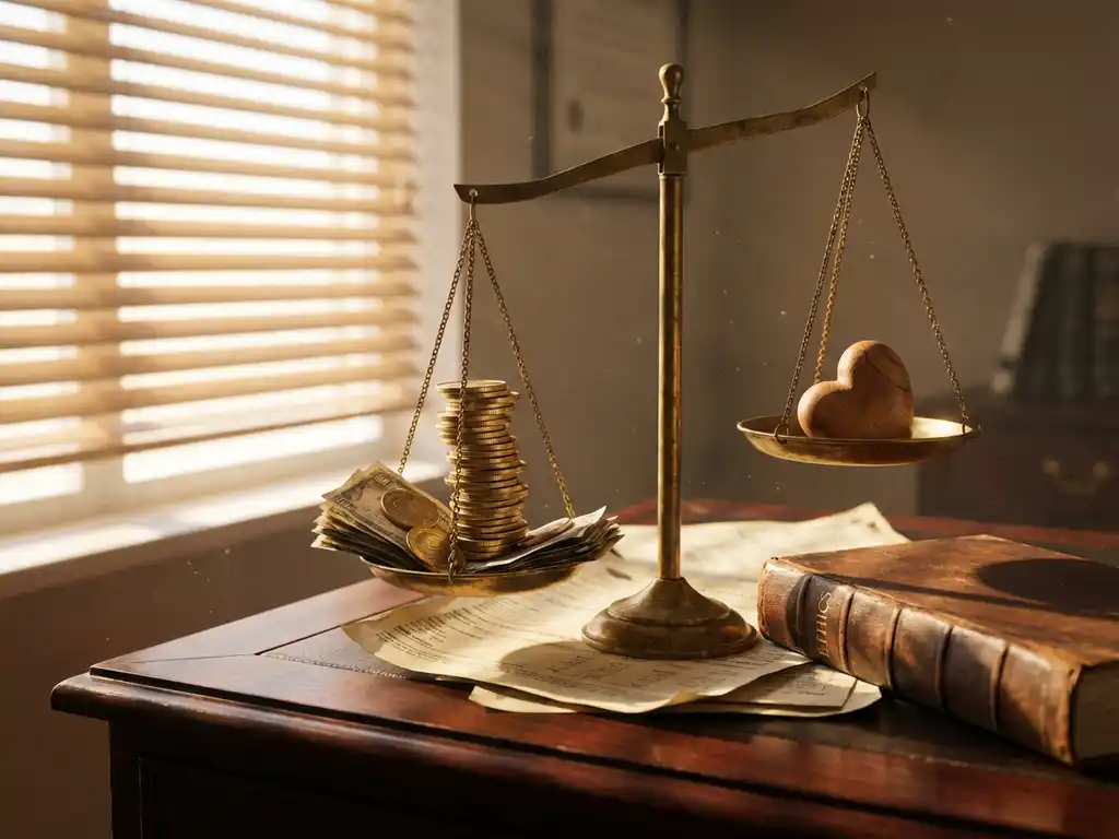 Brass scale on mahogany desk with gold coins outweighing wooden heart, ethics book and documents below in sunlight