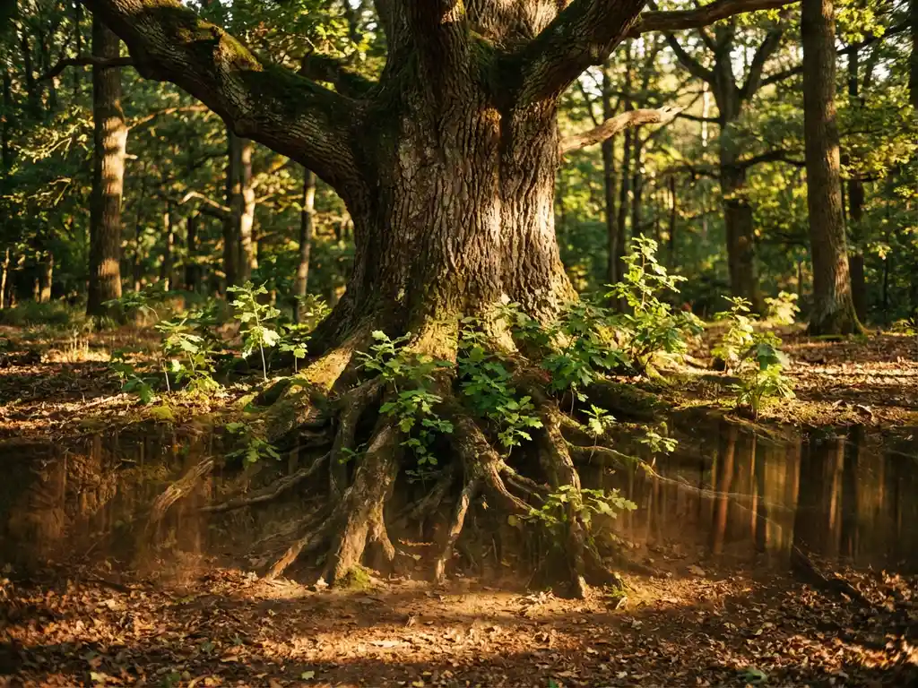 Mature oak tree with visible roots and green saplings growing around base in dappled morning sunlight on forest floor.