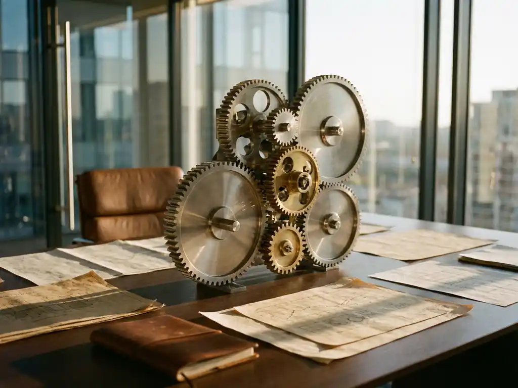 Large polished metal gear mechanism on modern office desk surrounded by smaller interconnected gears and business documents