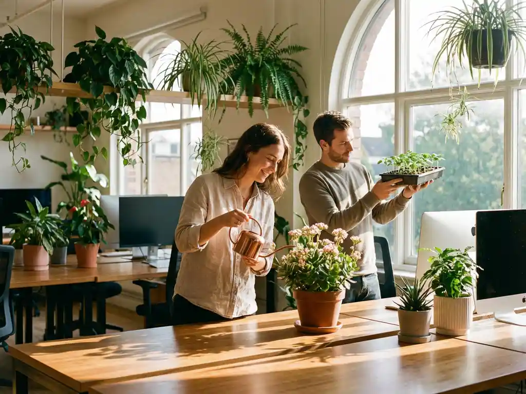 Office workers tending desk plants in bright modern workspace, woman watering succulent while colleague examines seedlings