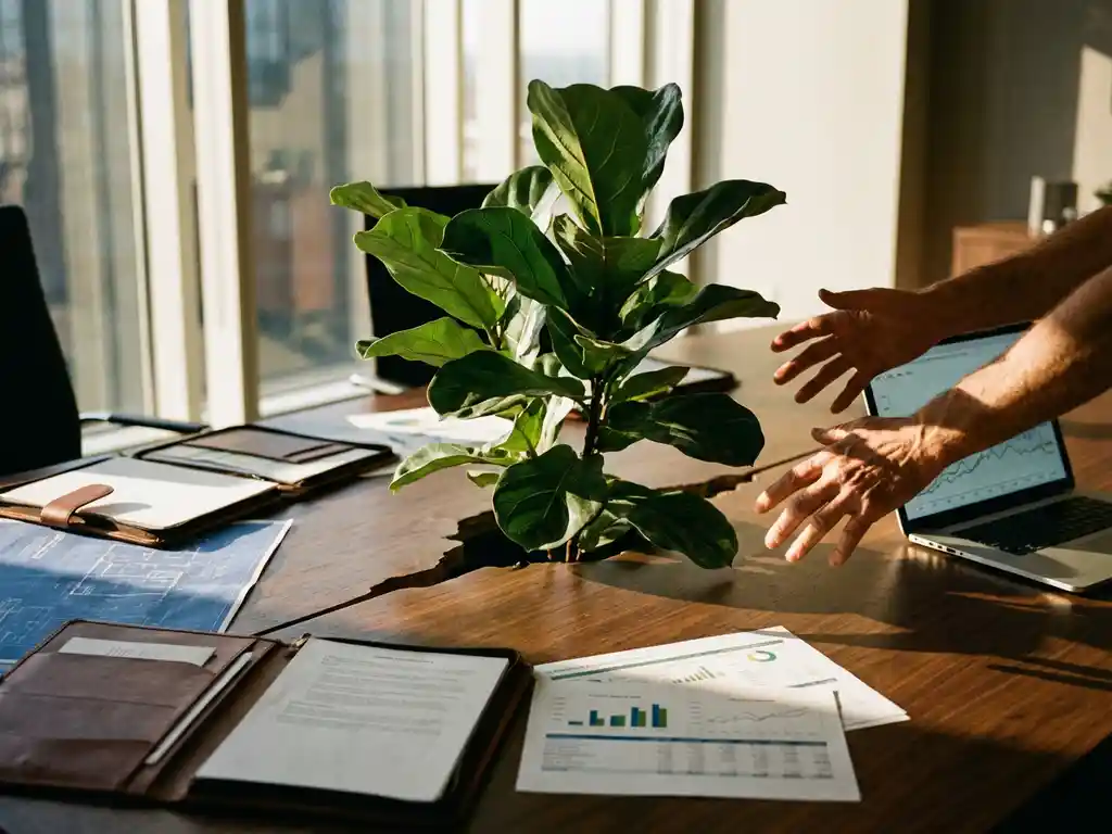 Green plant growing through crack in polished boardroom table with scattered business documents and laptop nearby