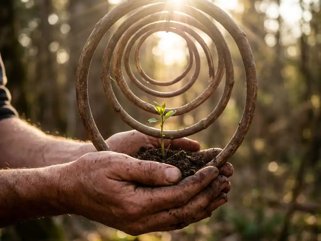 Hands gently nurturing a small green plant sprouting through wooden spiral rings toward bright sunlight, symbolizing growth.