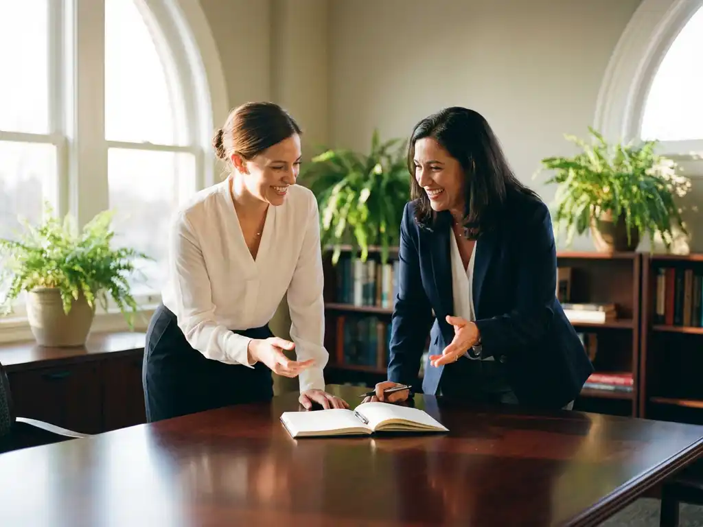 Professional woman and manager having engaged conversation at wooden conference table in bright office with plants