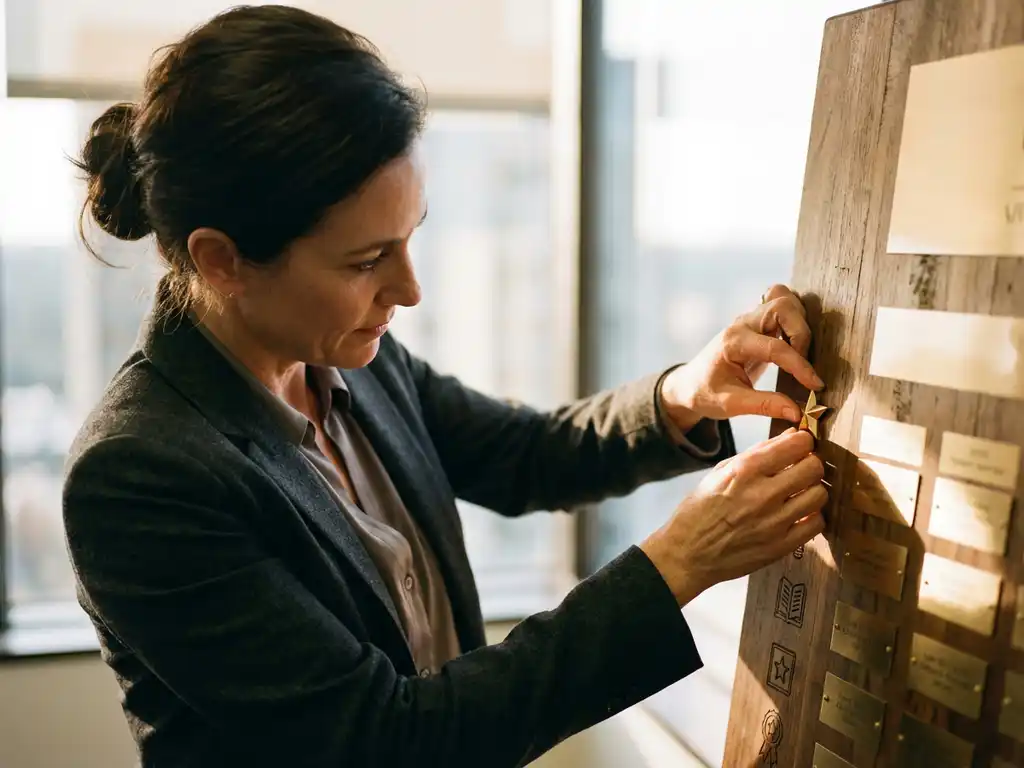 Professional woman in business attire placing golden star award on wooden recognition board in bright office setting.