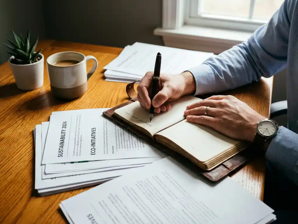 Professional writing in leather journal with fountain pen at organized desk with sustainability reports and plant