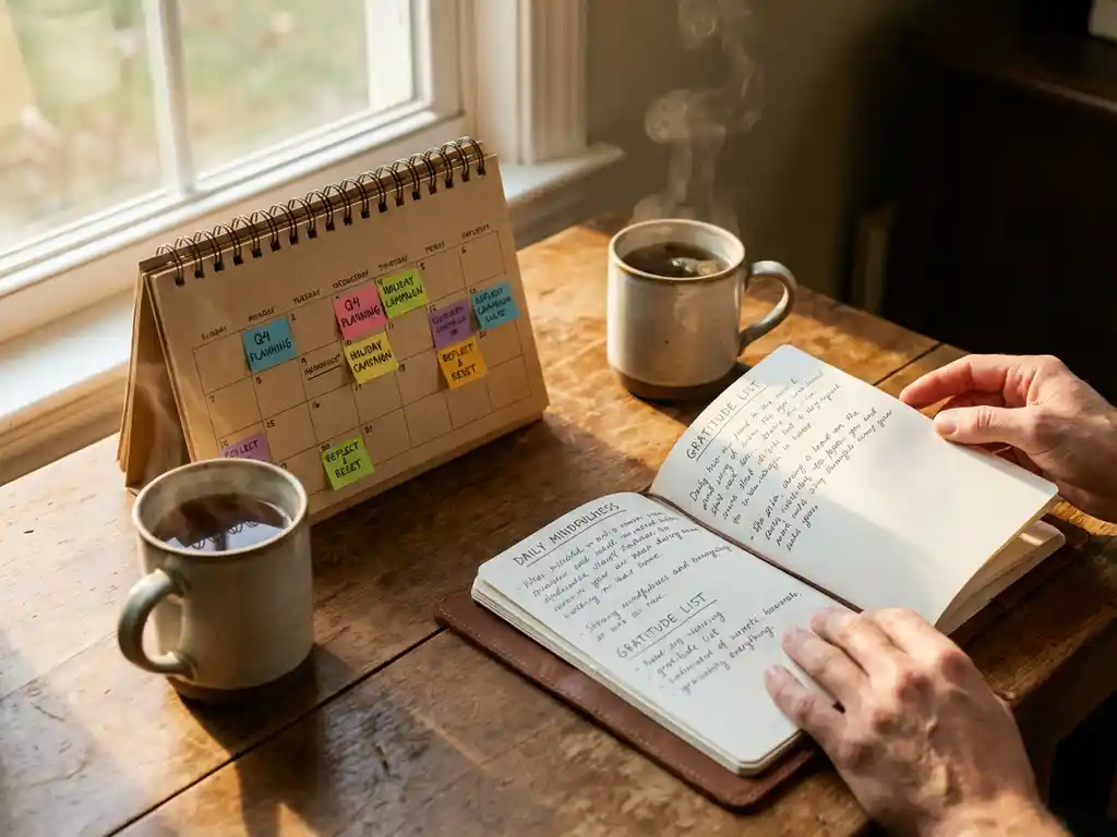 Business calendar with colorful sticky notes on wooden desk beside steaming tea cup and open journal in morning sunlight