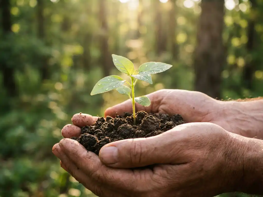 Green seedling with fresh leaves emerging from dark soil in cupped hands, water droplets visible, warm sunlight, forest background.