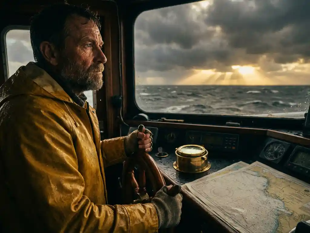 Ship captain in yellow raincoat steering through storm, golden sunlight breaking through dark clouds in background