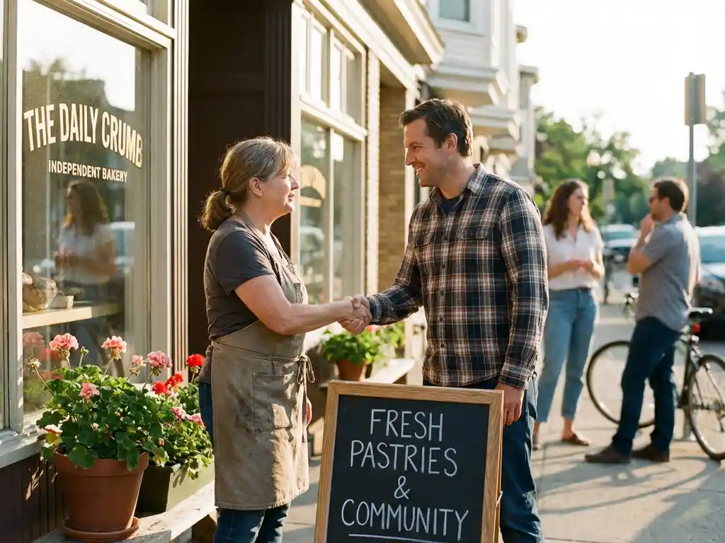 Small business owner shaking hands with customer outside local storefront with community members chatting nearby