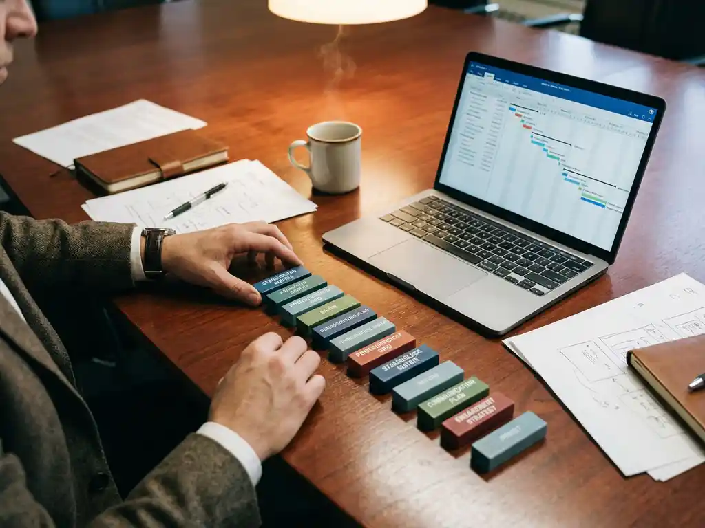 Professional hands arranging colorful wooden blocks labeled with stakeholder management tools on mahogany conference table.