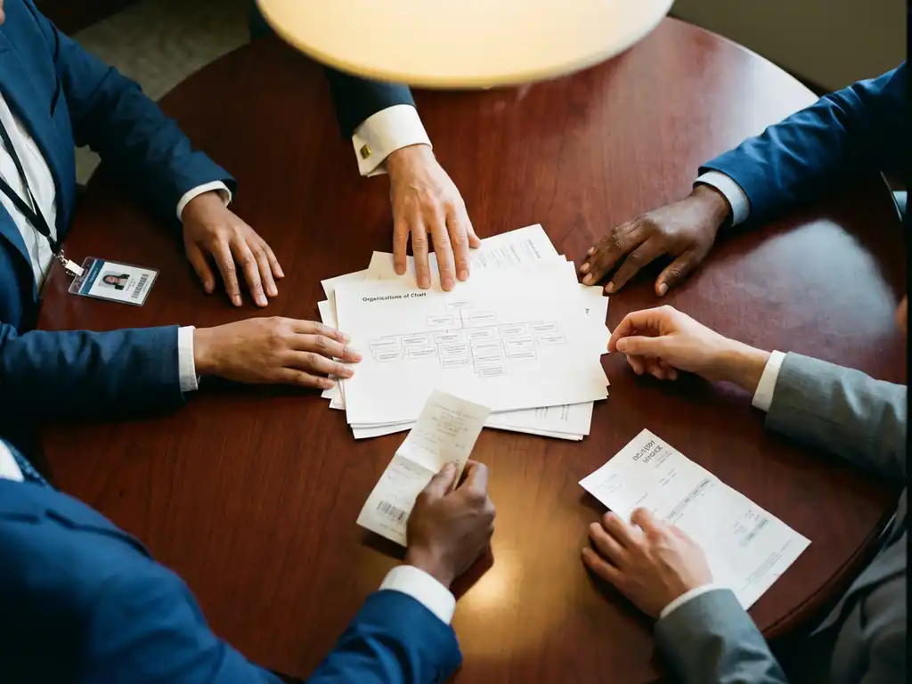 Diverse business professionals' hands reaching toward documents and organizational chart on mahogany conference table