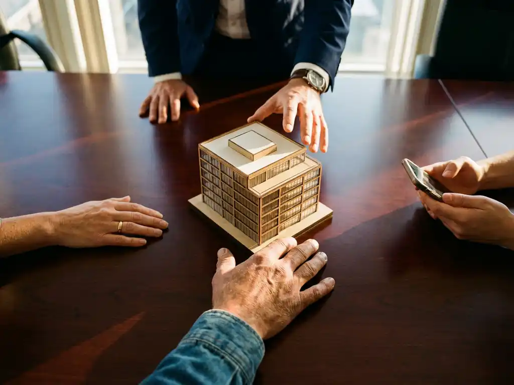 Diverse hands reaching toward architectural building model on mahogany boardroom table during golden hour lighting.