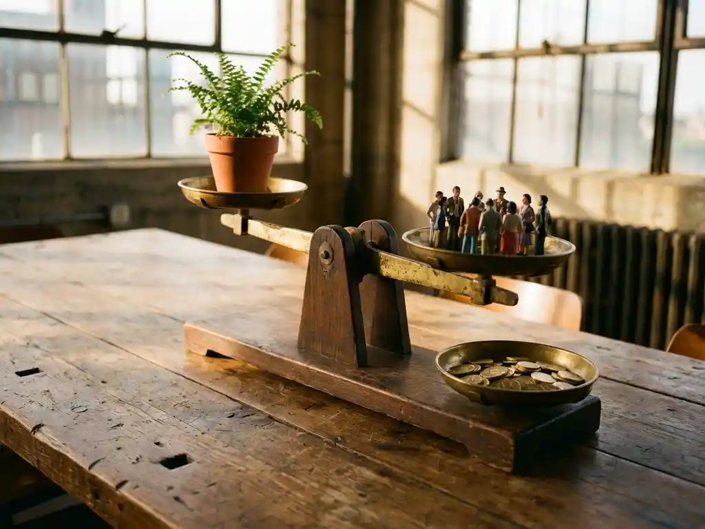 Wooden balance scale on conference table with plant, diverse figurines, and coins representing sustainability priorities