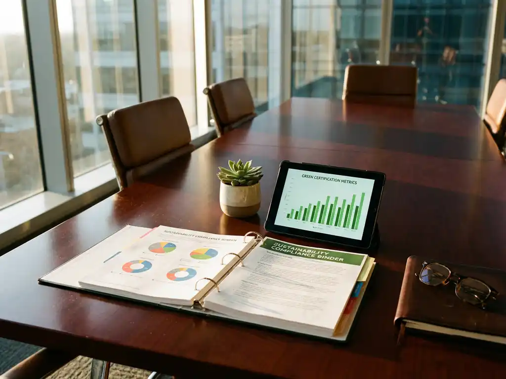 Sustainability compliance binder with colorful charts and tablet displaying green certification metrics on mahogany boardroom table
