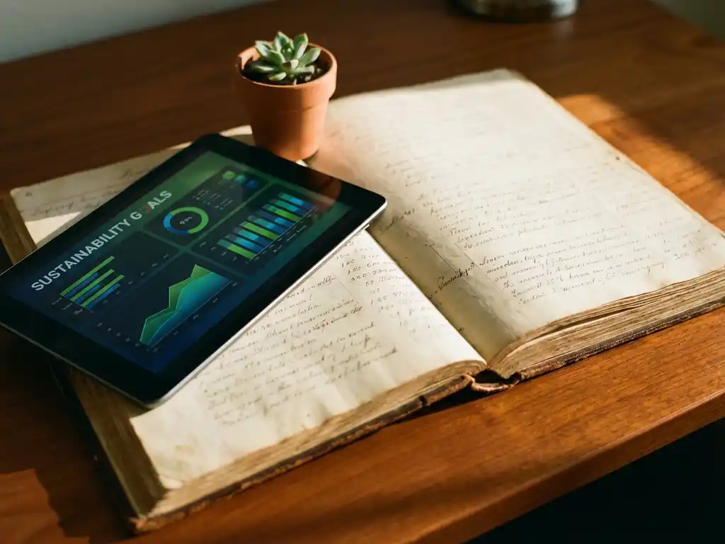 Open leather ledger book with modern tablet displaying sustainability metrics on top, small plant growing from spine on wooden desk