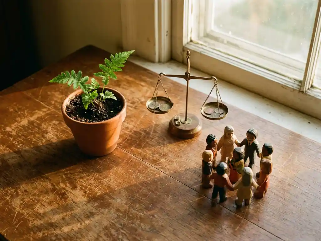 Three objects representing sustainability pillars on wooden table: green plant, brass scale with coins, diverse wooden figurines in warm sunlight