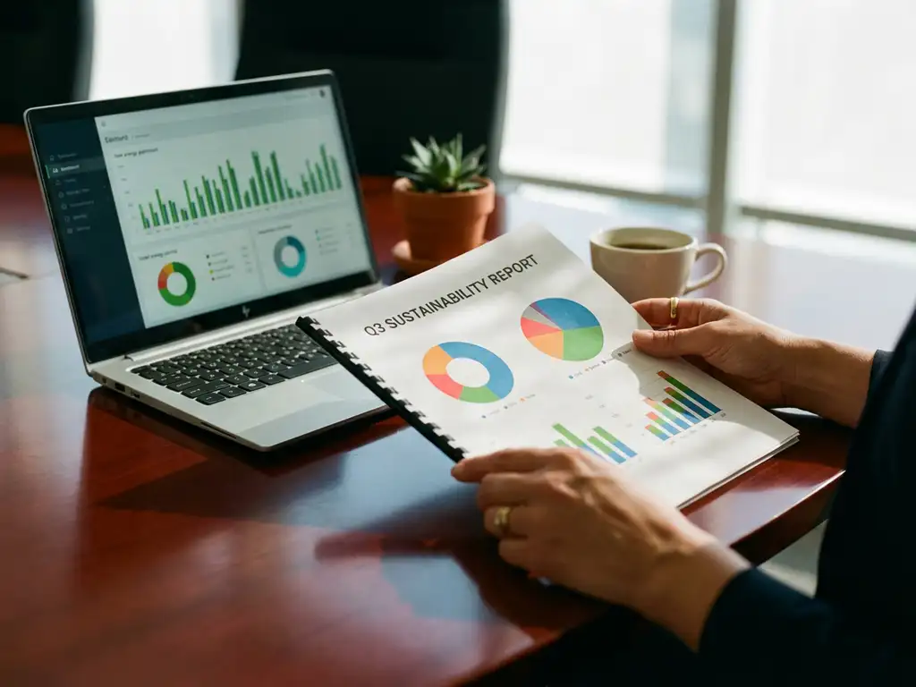 Businesswoman's hands holding quarterly sustainability report with colorful charts on conference table with laptop and plant