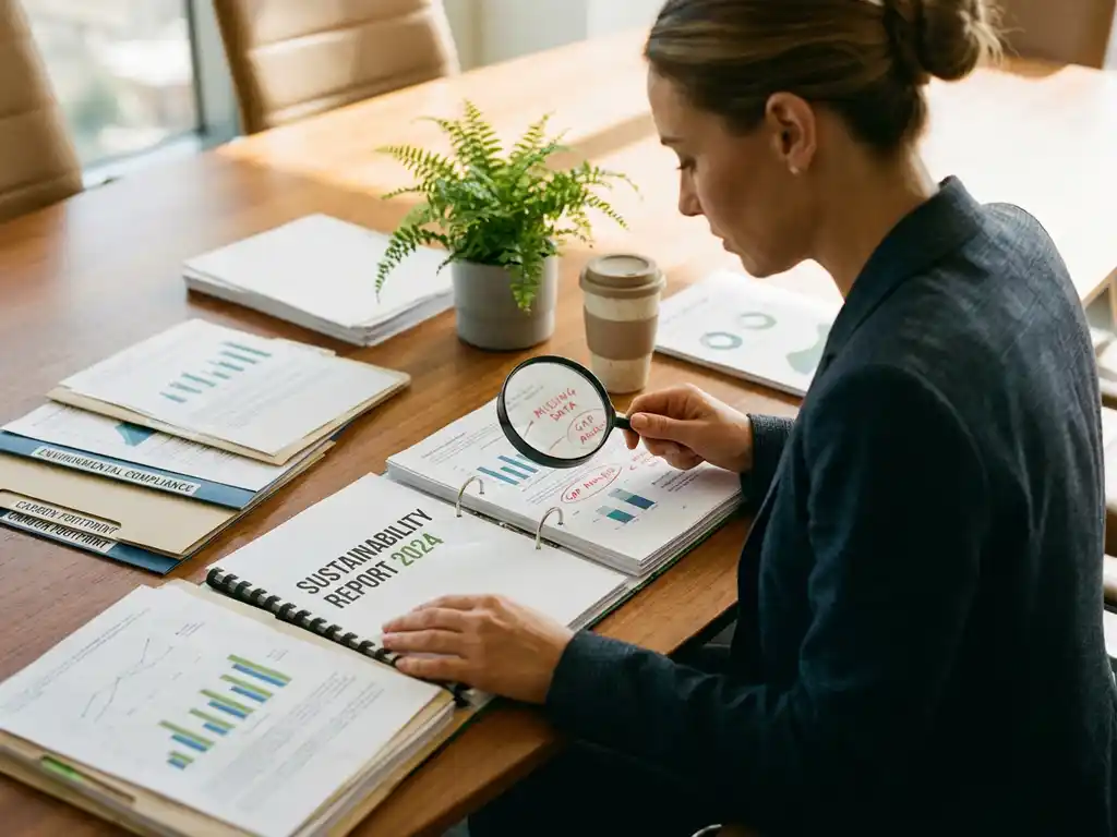 Professional businesswoman examining sustainability report with magnifying glass at conference table with compliance documents