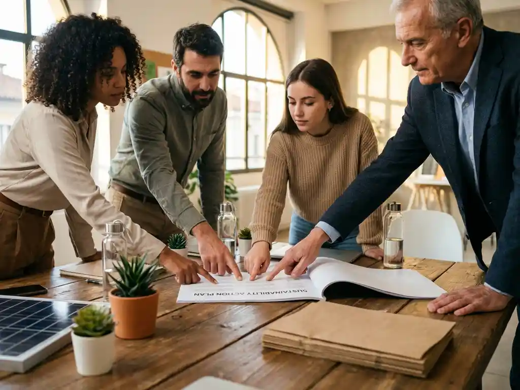Four diverse professionals collaborating on sustainability action plan at conference table with eco-friendly materials and plants.