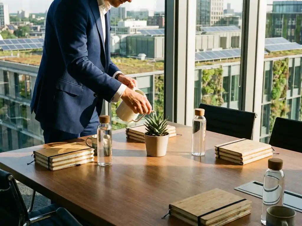 Professional consultant in navy suit tending to potted plant on conference table with sustainable office supplies and green cityscape view