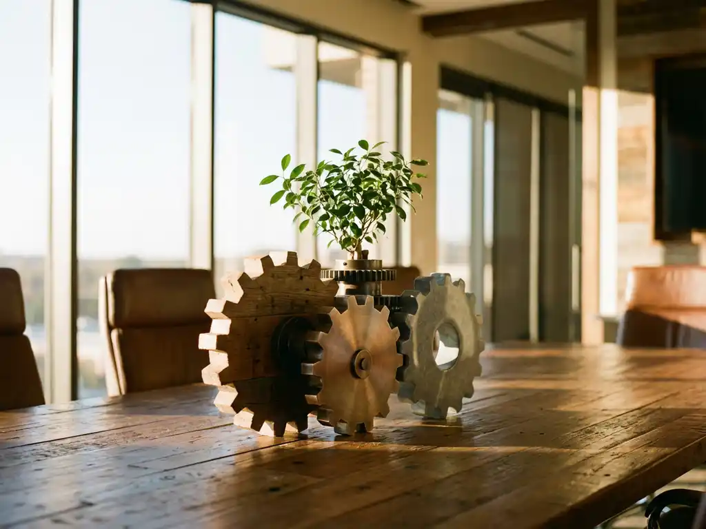 Three interlocking gears made of wood, metal, and stone powering a green plant on wooden conference table in boardroom