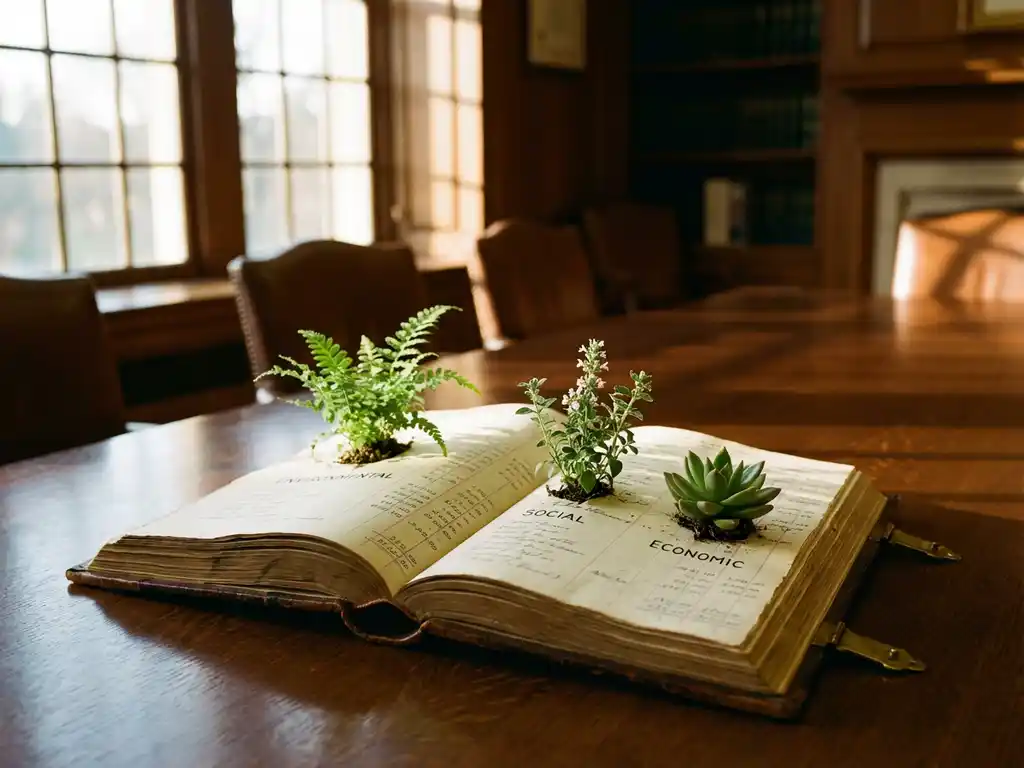Three small plants growing from an open business ledger on a wooden conference table in a sunlit boardroom