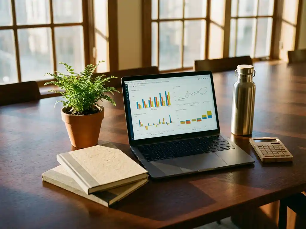 Open laptop displaying financial charts on wooden conference table with sustainable office supplies and green plant in sunlit room.