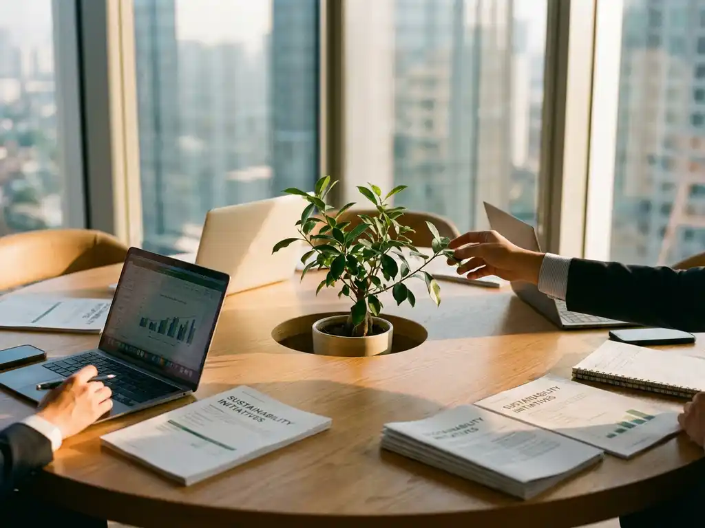 Potted plant growing through conference table opening with business documents, laptops, and hands tending plant in natural light.