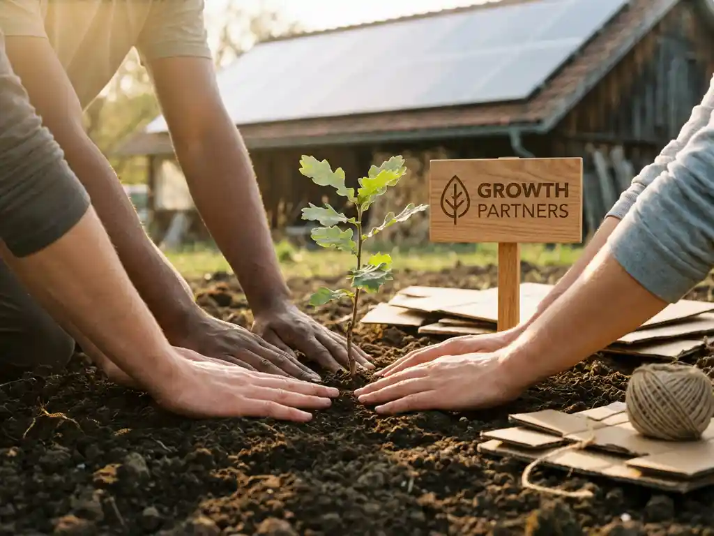 Diverse hands collaboratively planting green sapling in soil with solar panels and sustainable business symbols in background