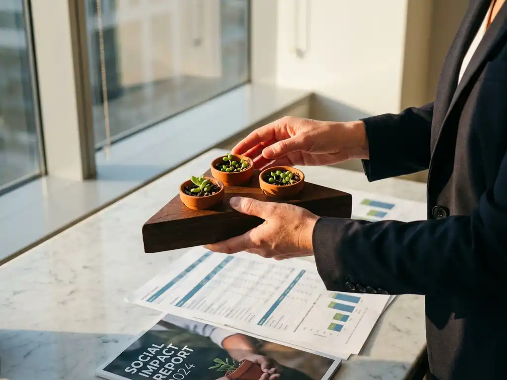 Businesswoman holding wooden triangle frame with three potted plants above financial and social impact reports on desk