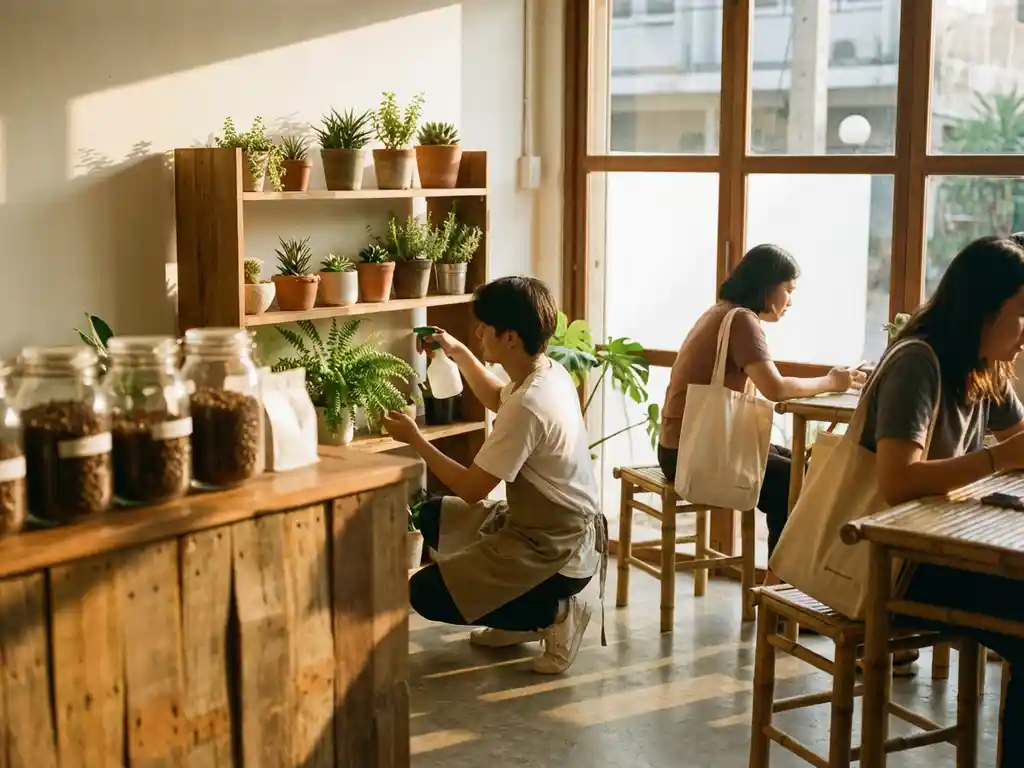 Coffee shop owner tending to plants on wooden shelves in sunlit sustainable cafe with bamboo tables and organic beans