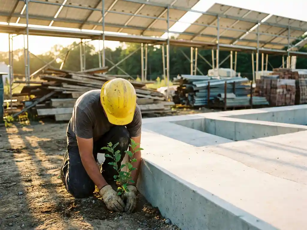 Construction worker in yellow hard hat planting sapling next to concrete foundation with solar panels on scaffolding at sunset.