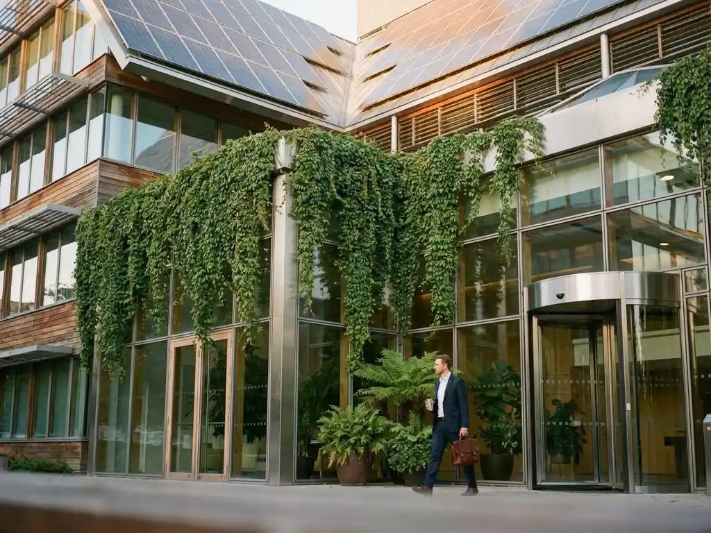 Modern eco-friendly office building with ivy-covered glass facade, solar panels, and businessman entering sustainable lobby.