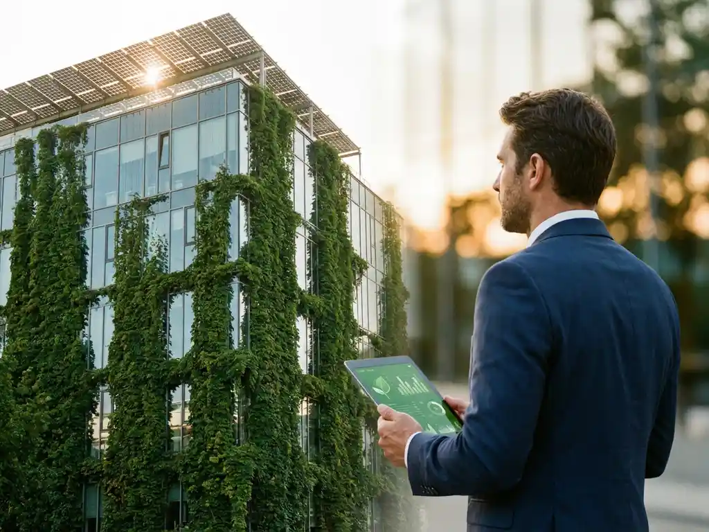 Businessman with tablet stands before modern glass office building covered in green ivy and solar panels at sunset.