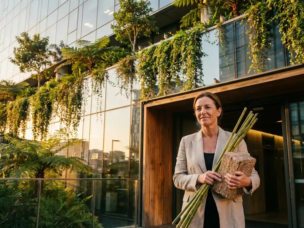 Real estate agent with bamboo samples stands at entrance of modern glass office building featuring green terraces and balconies.